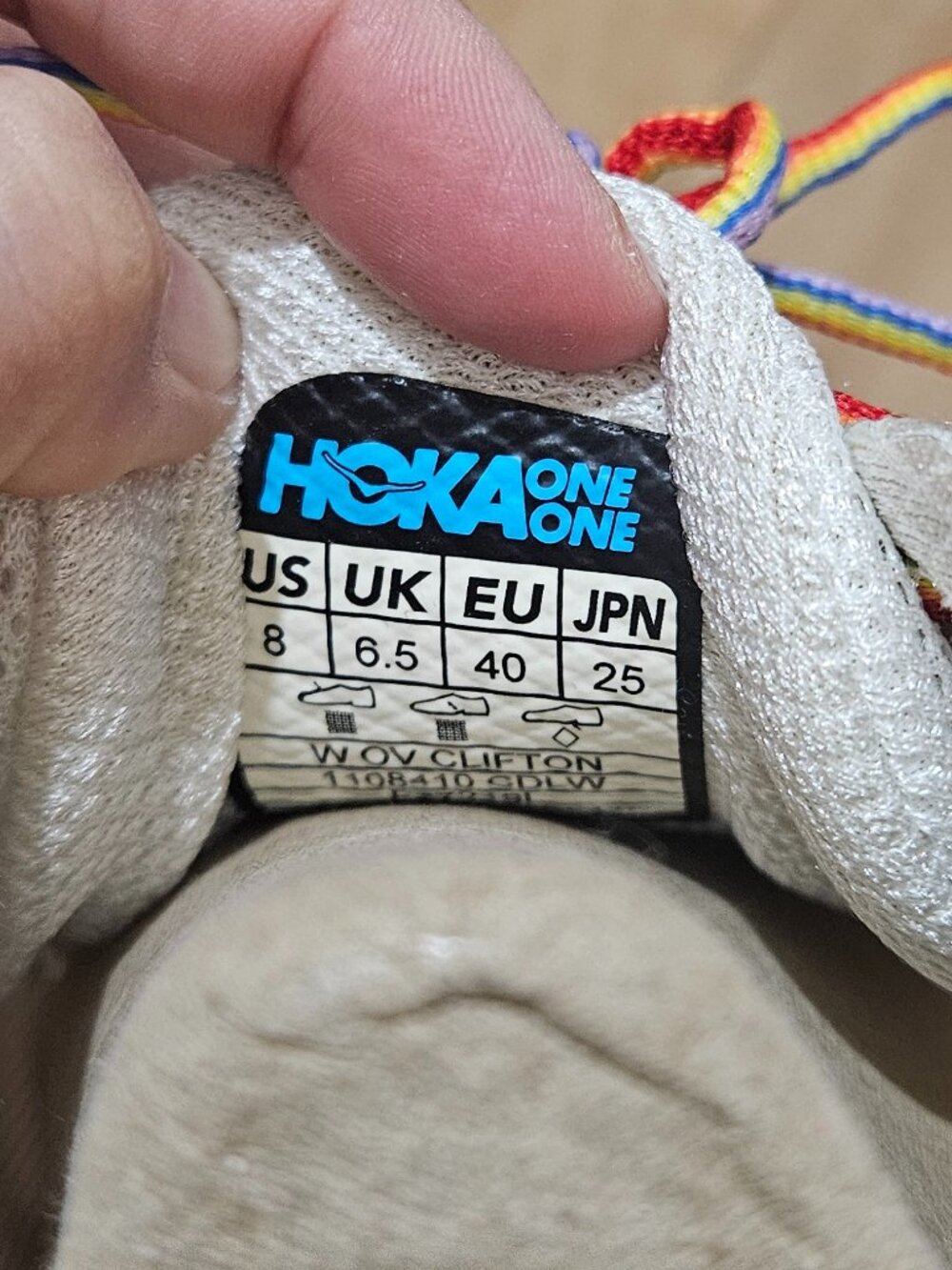 Hoka x Outdoor Voices Clifton Sneaker in White / Rainbow Laces (8) - Picture 4 of 8